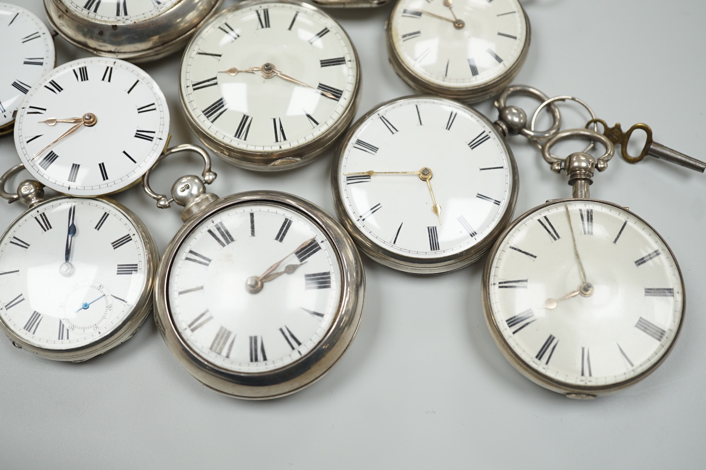 A collection of eight assorted mainly 19th century silver cased pocket watches, all by Lewes makers, including Tanner, Reeves, Tanner & Son, Skinner, Soloman, Davey and Sons, William Tanner and Richard Comber but surname